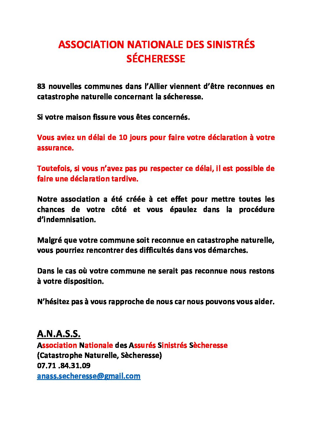 secheresse DECLARATION TARDIVE ALLIER