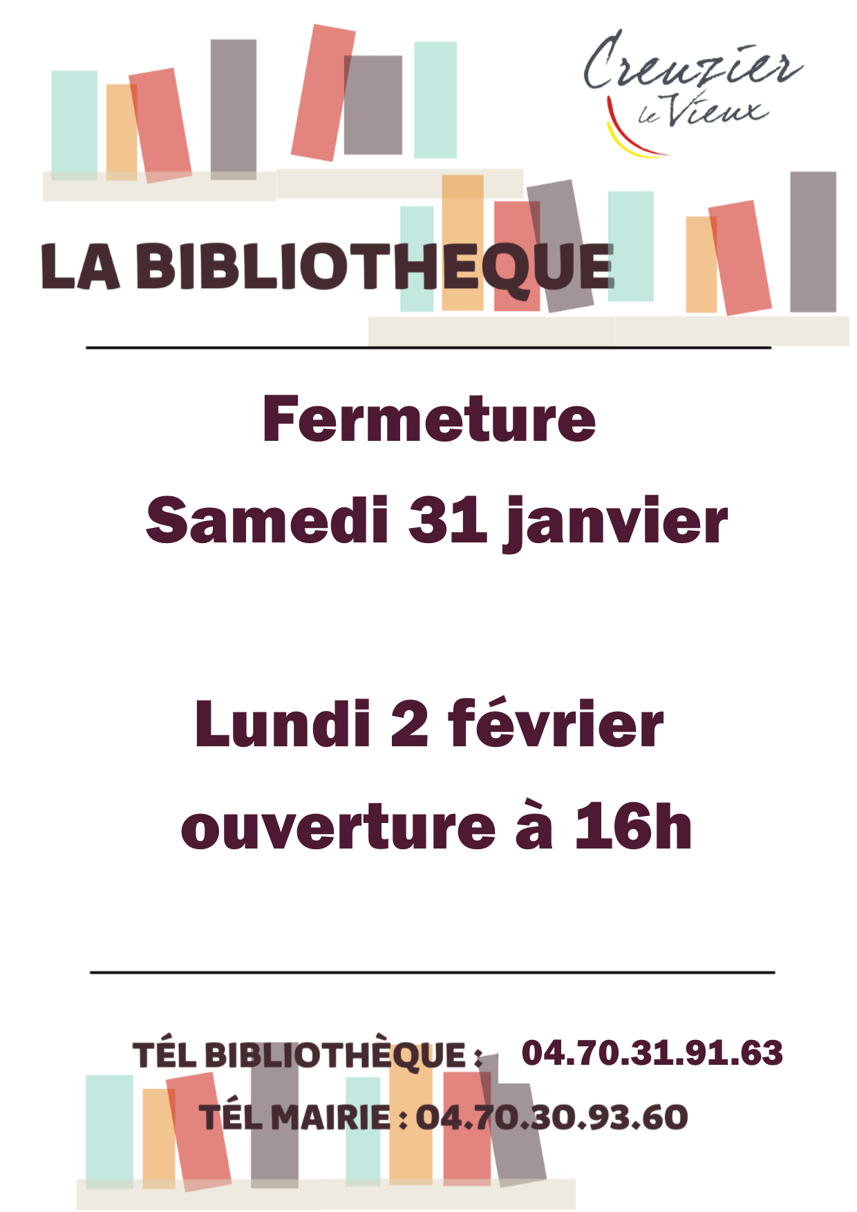 affiche fermeture bibliothèque 31 janvier 2026